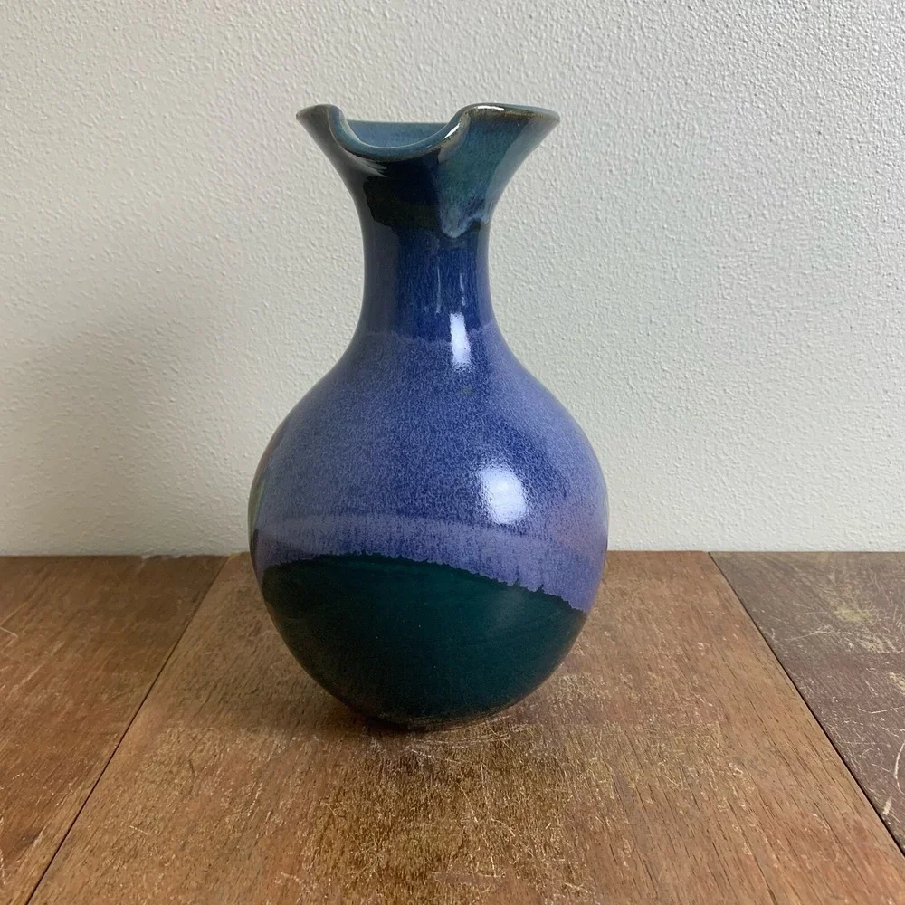 Vintage‎ Handmade Ceramic Green Lavender Blue Floral Glaze Vase SIGNED